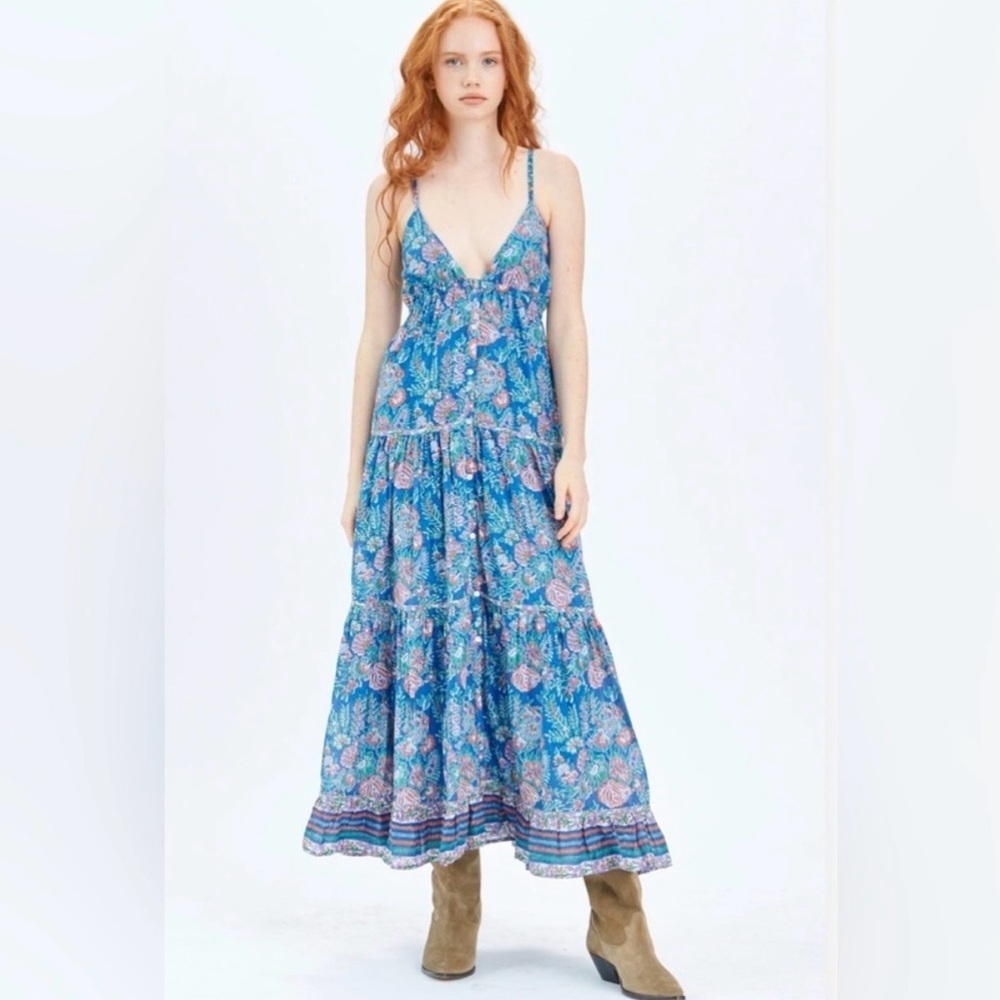 Love The Label Anthropologie Oceane Tiered Maxi Dress Eve Blue‎ Medium